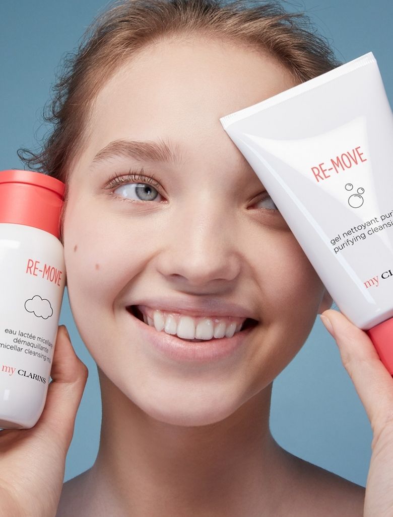 Teen model with skincare products 